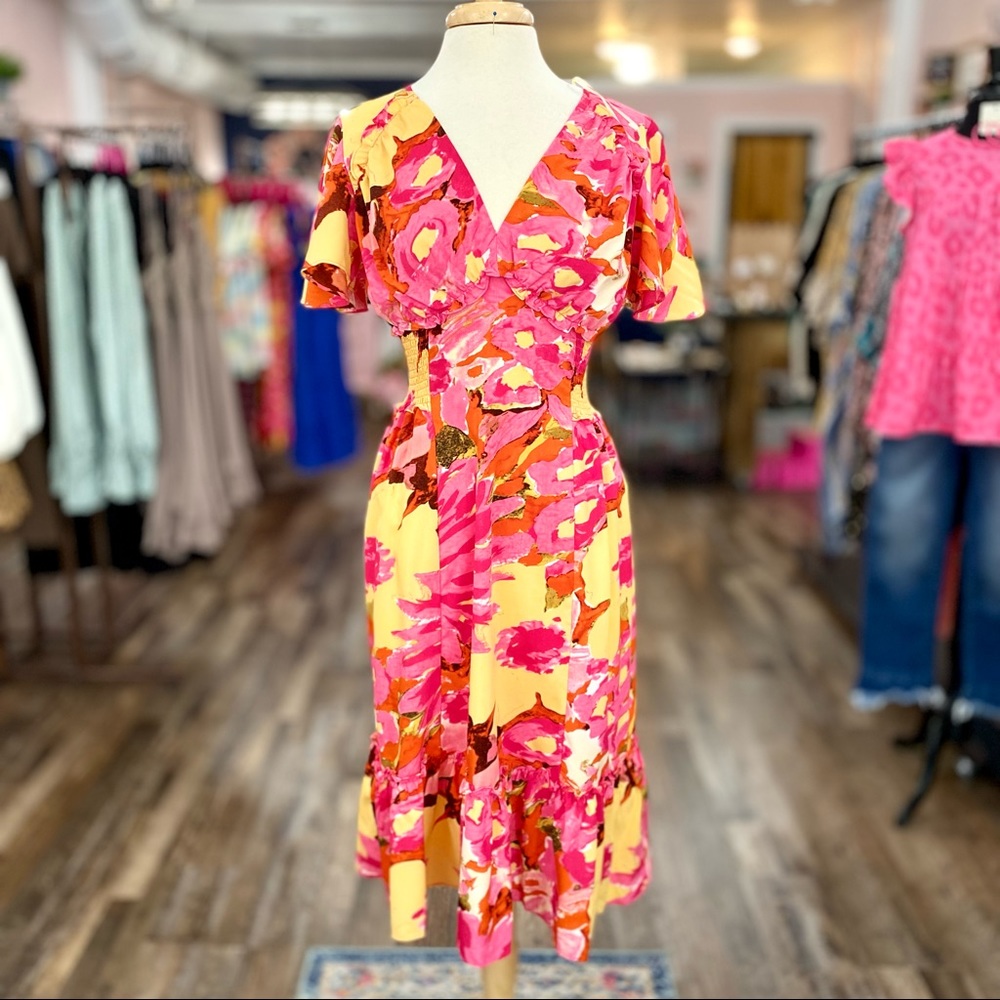 Umgee S & M Pink & Yellow Bold Floral Dress w/ Smocked Waist